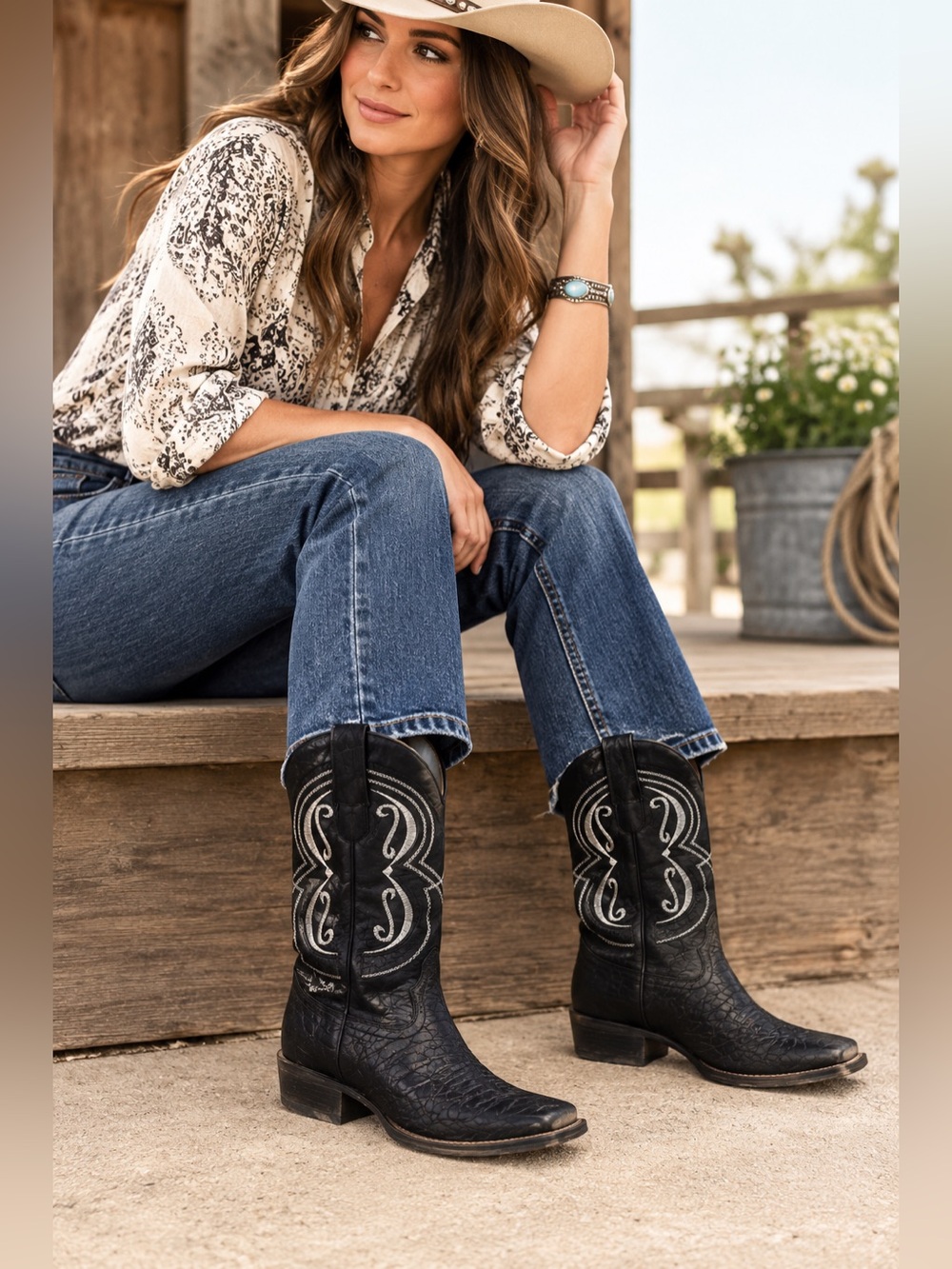 E & A Outlaws Black Western Cowboy Square Toe Boots Embroidered Country Rodeo